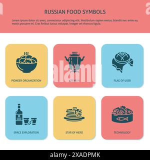 Banner mit Symbolen der russischen Küche. Nationale Speisen und Getränke Russlands. Vektorabbildung. Stock Vektor