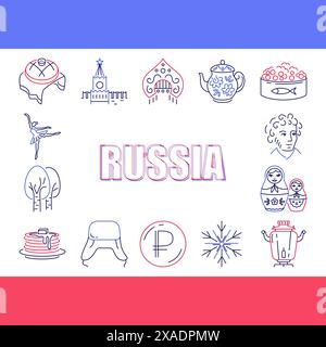Poster mit russischer Kultur und Ikonen der Essenslinie. Russland traditionelle Symbole. Vektorabbildung. Stock Vektor