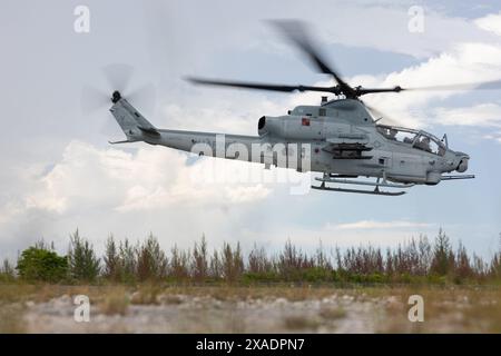 Ein U.S. Marine Corps AH-1Z Viper mit Marine Light Attack Helicopter Squadron (HMLA) 167, 2nd Marine Aircraft Wing, startet vom U.S. Navy Atlant Stockfoto