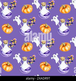 Happy Halloween nahtloses Muster auf Violett mit Kürbissen, violetter Zauberflasche und Süßigkeiten. Aquarellhintergrund für die Kinderparty im oktober, Geschenkpapier Stockfoto