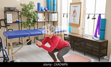 Frau, die in der Klinik mit einem Smartphone zur Orientierung trainiert, Gesundheit, Fitness und Technologie integriert. Stockfoto