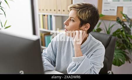 Eine nachdenkliche hispanische Frau mit kurzen blonden Haaren blickt in einem modernen Büroumfeld. Stockfoto