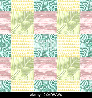 Handgezeichnetes abstraktes, nahtloses quadratisches Muster von gesetzten Kurven. Vektorillustration im trendigen Stil Stock Vektor