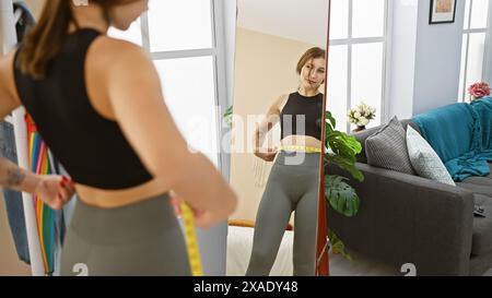 Eine junge Frau misst ihre Taille mit einem Maßband, während sie in einem Spiegel in einem gemütlichen Schlafzimmer reflektiert. Stockfoto