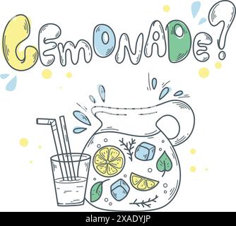 Krug mit Limonade-Doodle-Sketch-Stil. Erfrischendes Sommergetränk mit Zitronen, Minzblättern und Eis. Handgezeichnete Buchstaben Limonade und Krug, Vektorgrafik Stock Vektor