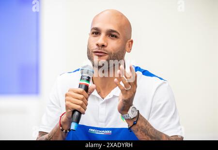 Rom, Italien. Juni 2024. Leichtathletik: Vor dem Start der Europameisterschaft; Pressekonferenz des Europäischen Leichtathletikverbandes: Gianmarco Tamberim, Italien, Hochsprung. Marcell Jacobs, Italien, 100m, Credit: Michael Kappeler/dpa/Alamy Live News Stockfoto