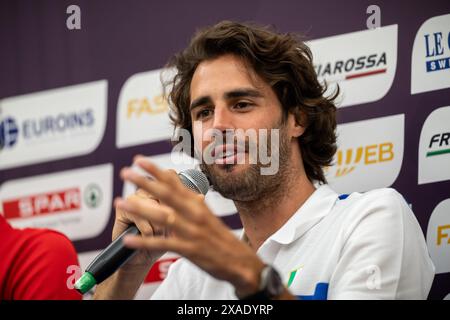 Rom, Italien. Juni 2024. Leichtathletik: Vor dem Start der Europameisterschaft; Pressekonferenz des Europäischen Leichtathletikverbandes: Gianmarco Tamberim, Italien, Hochsprung. Quelle: Michael Kappeler/dpa/Alamy Live News Stockfoto