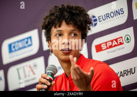 Rom, Italien. Juni 2024. Leichtathletik: Vor dem Start der Europameisterschaft; Pressekonferenz des Europäischen Leichtathletikverbandes: Malaika Mihambo, Deutschland, Weitsprung, Frauen. Quelle: Michael Kappeler/dpa/Alamy Live News Stockfoto