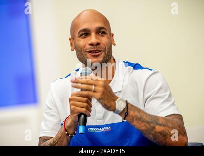 Rom, Italien. Juni 2024. Leichtathletik: Vor dem Start der Europameisterschaft; Pressekonferenz des Europäischen Leichtathletikverbandes: Marcell Jacobs, Italien, 100m, Credit: Michael Kappeler/dpa/Alamy Live News Stockfoto