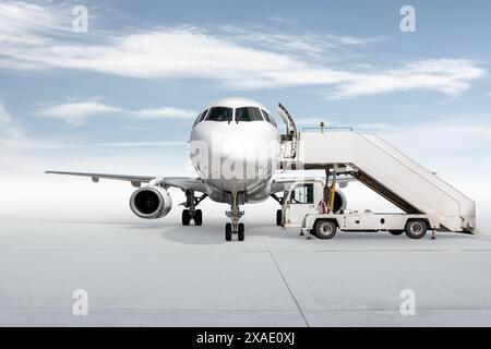 Vorderansicht des weißen Passagierflugzeugs mit Luftreppen isoliert auf hellem Hintergrund mit Himmel Stockfoto