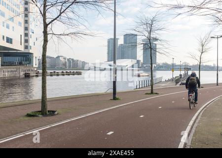 Radfahrer und Fußgänger fahren entlang der Westerdokskade mit Blick über den Fluss Ij nach Amsterdam Nord. Stockfoto