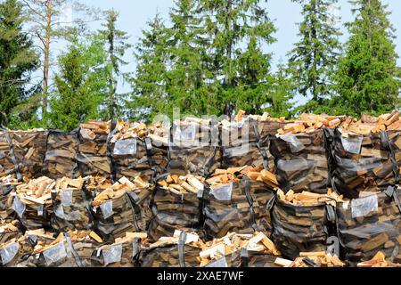 Stapel von geschnittenem und gespaltenem Brennholz, gelagert in großen, schweren Netztüten mit Nadelwald im Hintergrund. Stockfoto