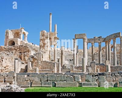 Theater, römisches Dougga oder Thugga, antike römische Stadt, Teboursouk, Beja Governorate, Tunesien Stockfoto