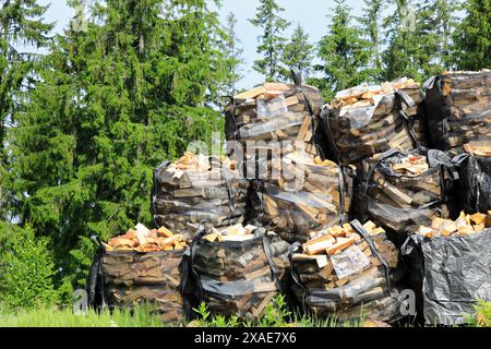 Stapel von geschnittenem und gespaltenem Brennholz, gelagert in großen, schweren Netztüten mit Nadelwald im Hintergrund. Stockfoto