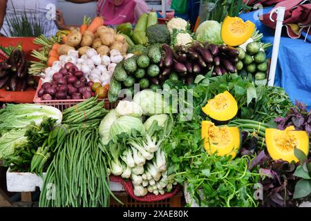 Auf einem Markt werden verschiedene Gemüse- und Obstsorten angeboten. Zu den Erzeugnissen gehören Karotten, Kartoffeln, Brokkoli, Blumenkohl und Kürbis. Der Markt ist Stockfoto