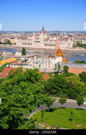 Das ungarische Parlamentsgebäude an einem sonnigen Tag in Budapest, Ungarn Stockfoto