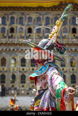 Tanz der Hüte während des Ura Yakchoe Festivals, Bumthang, Ura, Bhutan Stockfoto