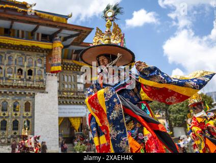 Tanz der Hüte während des Ura Yakchoe Festivals, Bumthang, Ura, Bhutan Stockfoto