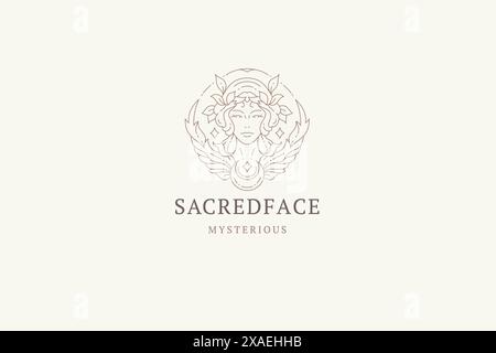 Mythologie schöne Fantasy Frau Porträt mit Flügeln Halbmondlinie Kunst Logo Design Vorlage Vektor Illustration. Heilige mythische weibliche Kopf Silhouette Stock Vektor