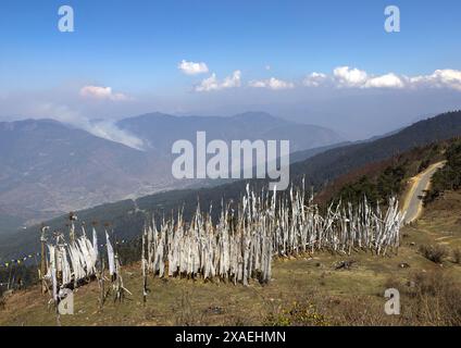 Manidhar Gebetsfahnen werden im Namen eines Verstorbenen gehisst, Wangchang Gewog, Paro, Bhutan Stockfoto