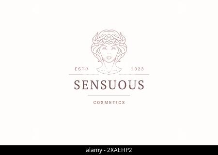 Mythologie gehörnte Frau Porträt elegante Linie Art Logo Design Vorlage für Schönheitssalon Vektor Illustration. Fantasy mystische weibliche Hexenkopfbüste mit Stock Vektor