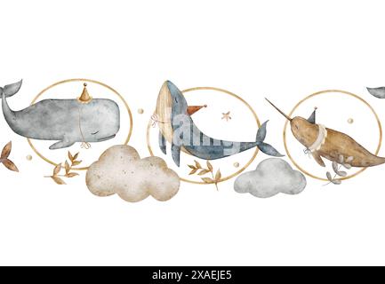 Banner nahtlose Wale, Narwale, Pottwale, Wolken, Rahmen im Vintage-Stil. Aquarellillustration für Kinderdekor, Druck, Schreibwaren Stockfoto