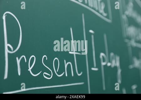 Englische Grammatikregeln mit Kreide auf der grünen Tafel Stockfoto