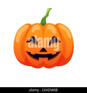Halloween-Kürbis-Symbol im Cartoon-Stil. Gruseliger Kürbis mit einem Lächeln, glücklichem Gesicht. Orangefarbener Kürbis. Vektorillustration auf weißem Hintergrund isoliert. Stock Vektor
