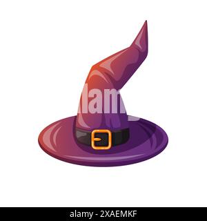 Halloween Zaubermütze im Cartoon-Stil. Magische gruselige, violette Hexenkappe. Vektorillustration auf weißem Hintergrund isoliert. Stock Vektor