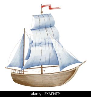 Aquarellillustration für Segelboote. Zeichnung eines Segelschiffes in pastellblauen und beigen Farben für Babyduschen. Skizze von Boot oder Yacht für kindliches Design im nautischen Stil. Farbenfroher Segler. Stockfoto