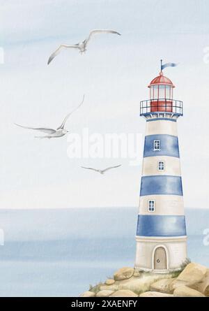 Watercolor Lighthouse auf einem Felsen. Illustration von Beacon in Pastellblau und Beige. Landschaft mit Lichthof, Meer und Möwen für Babyposter, kindliche Grußkarte und Kindereinladungen. Stockfoto