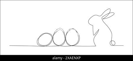 Eine fortlaufende Linienzeichnung von Ostereiern und Kaninchen. Begrüßungsbanner mit Häschen und Ohren in schlichtem, linearen Stil Stock Vektor