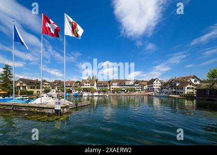 Stafa, Schweiz - 5. Juni 2024: Malerische Stadt Stafa am See mit bunten Gebäuden, Flaggen und Booten unter einem hellblauen Himmel. Stockfoto