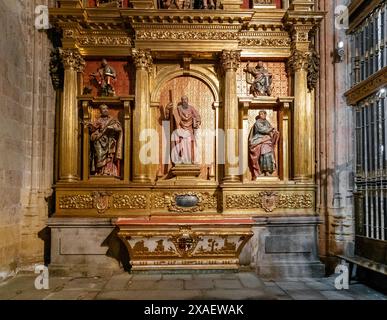 Segovia, Spanien - 7. April 2024: Detailansicht eines vergoldeten Altarstücks in einer Seitenkapelle der Kathedrale von Segovia Stockfoto