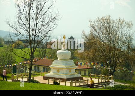 Ein weißes Gebäude mit einer goldenen Kuppel befindet sich auf einem grasbewachsenen Feld. Eine Person läuft in der Nähe des Gebäudes Stockfoto