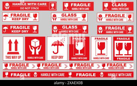 Gemeinsame Verpackung, Warnsymbolsatz. Rot-weiß flache Symbole mit Rahmen, Umriss. Isoliert auf Transparent Stock Vektor