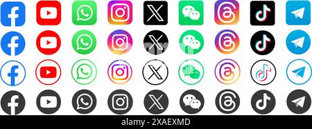 Facebook, Threads, X, twitter, instagram, youtube, snapchat, pinterest, WhatsApp, linkedin, tiktok Stock Vektor