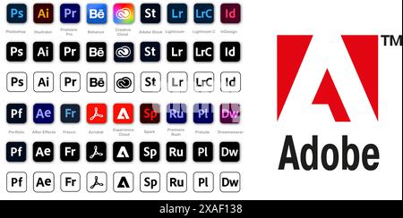 Adobe-Produkt. Logotypsatz von Adobe-Produkten. 10 EPS. Vinnitsa, Ukraine - 22. Januar 2024 Stock Vektor