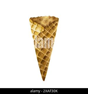 Leeren Sie den knusprigen Waffelkegel. Handmalerei süße Aquarellillustration isoliert auf Hintergrund. Für Designer, Menü, Shop, Dekoration, Restaurant, für p Stockfoto