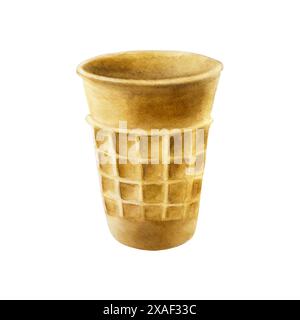 Leeren Sie den knusprigen Waffelkegel. Handmalerei süße Aquarellillustration isoliert auf Hintergrund. Für Designer, Menü, Shop, Dekoration, Restaurant, für p Stockfoto