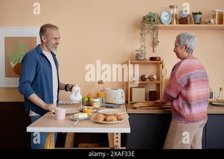 Seitenansicht Porträt eines glücklichen Seniorenpaares, das die Morgenroutine in der Küche genießt und zusammen Frühstück zubereitet Stockfoto