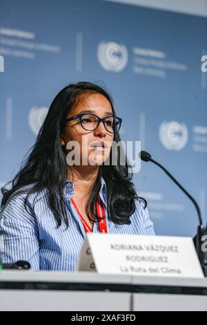 Bonn, Deutschland, Deutschland. Juni 2024. Spricht auf einer Pressekonferenz Global Campaign to Demand Climate Justice (DCJ) in der ersten Woche der SB60-Konferenz zum Klimawandel. Finanzen ist ein Schlüsselmotto und Schlüsselwort bei den diesjährigen Verhandlungen im Vorfeld der Vorbereitungen für die COP29-Veranstaltung, die im November dieses Jahres in Baku, Aserbaidschan, stattfinden wird. (Kreditbild: © Bianca Otero/ZUMA Press Wire) NUR REDAKTIONELLE VERWENDUNG! Nicht für kommerzielle ZWECKE! Stockfoto