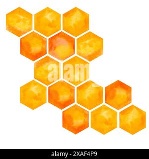 Wabenmuster, Aquarellmuster. Waben mit Honig. Handgezeichnete Hintergrundstruktur. Gelb-oranges Honigmuster Stockfoto