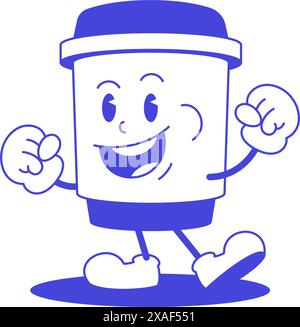 Lächelnde Kaffee Papier Tasse Cartoon Charakter Comic Maskottchen Retro 30s Animation Stil Linie Kunst Icon Vektor Illustration. Süßes heißes Koffein-Getränk zum Mitnehmen Stock Vektor
