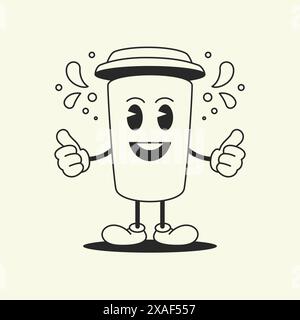 Kaffeepapierbecher Lächeln Zeichentrickfigur Comic Retro 30er Jahre Animation Stil Linie Kunst Icon Vektor Illustration. Lustiges Koffeingetränk morgens, heißes Getränk Stock Vektor