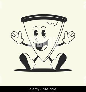 Pizza Dreieck Stück lustige Comic Charakter Cartoon Maskottchen Retro 30s Animation Stil Linie Kunst Icon Vektor Illustration. Süßes Fast Food, köstlicher Snack Stock Vektor