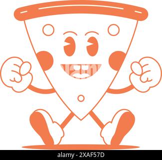 Starke Pizza Dreieck Stück Cartoon Charakter Comic Maskottchen Retro 30s Animation Stil Linie Kunst Icon Illustration. Lustige, leckere Fast-Food-Powe Stock Vektor