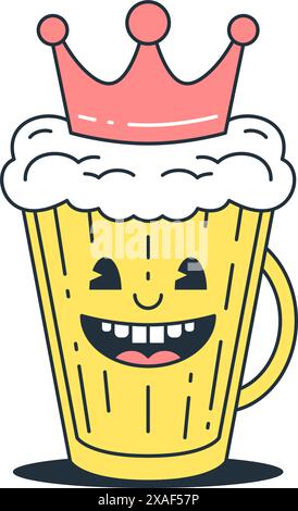Lustige Bierbecher in Krone Cartoon Charakter Comic Maskottchen Retro 30s Animation Stil Icon Vektor Illustration. Lächelndes Alkoholgetränk schaumiges Braugetränk k Stock Vektor