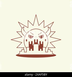 Wütender Teufel Sonne Stadt Landschaft Cartoon Charakter Comic Maskottchen Retro 30er Jahre Animation Stil Linie Kunst Icon Vektor Illustration. Lustige Sonnenuntergang Sonnenaufgang Stadt Stock Vektor