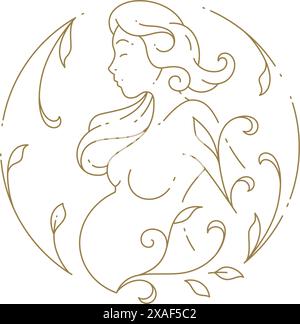 Schwangere Frau Linie Kunst botanische Blüte ästhetische Kreis Rahmen goldene Vintage Icon Vektor Illustration. Weibliches Baby erwartet Familienmutterschaft Pare Stock Vektor